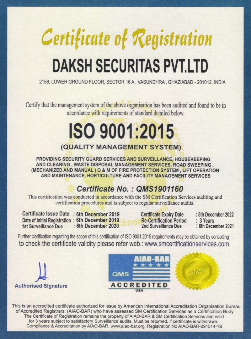 ISO Certificate - Daksh Securitas